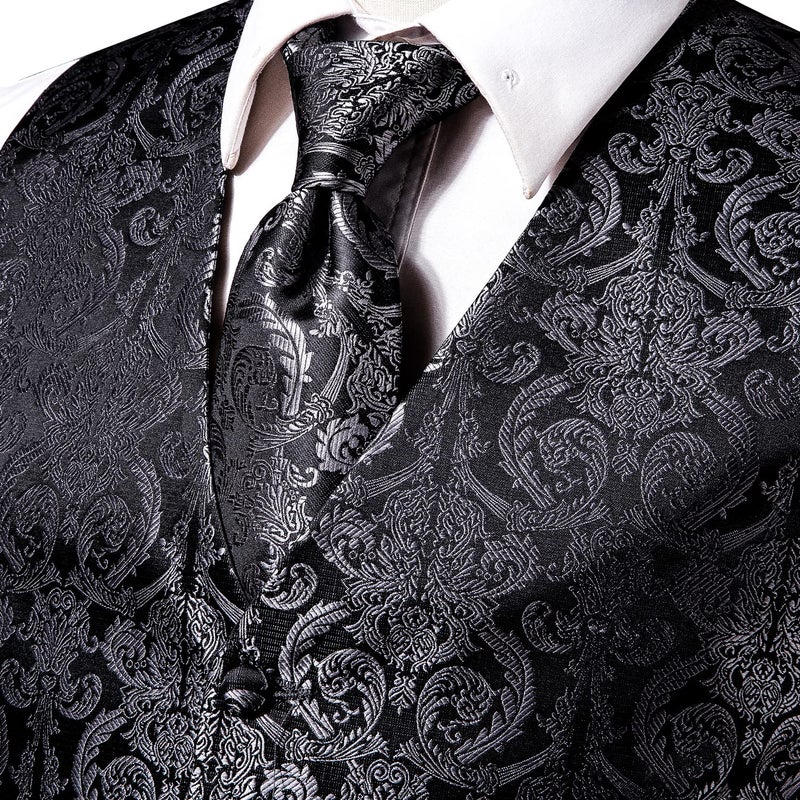 Hi-Tie Stylish Black Silver Silk Floral Mens V-Neck Vest and Tie Jacquard Formal Dress Waistcoat for Tuxedo Wedding Party Business - Image 3